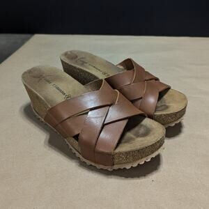 Anna Fidanza Italian Leather Cork Wedge Sandals Tan Brown Platform Mules Womens
